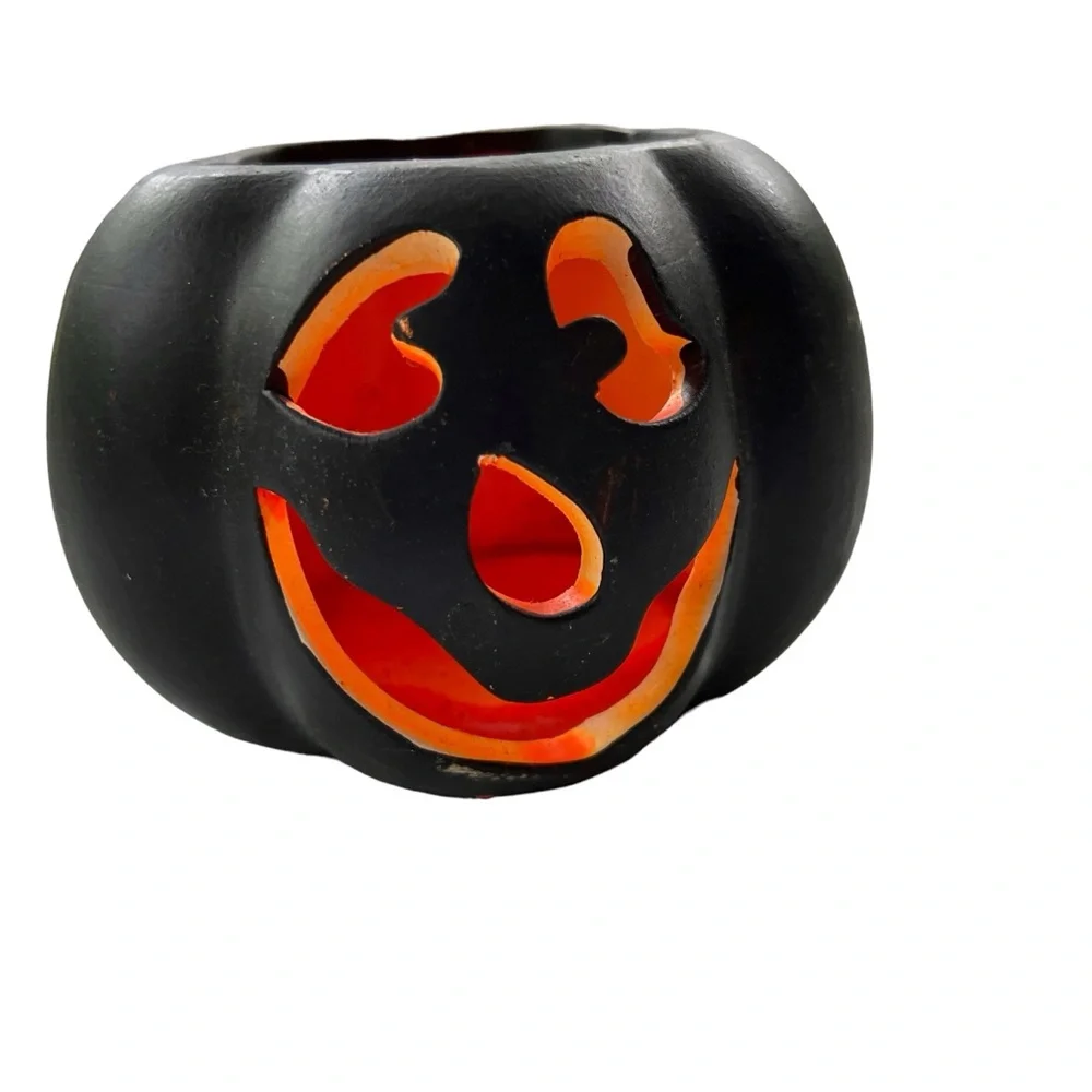 Ceramic Halloween Pumpkin Candle Holder  Black And Orange Scary Face Table Top